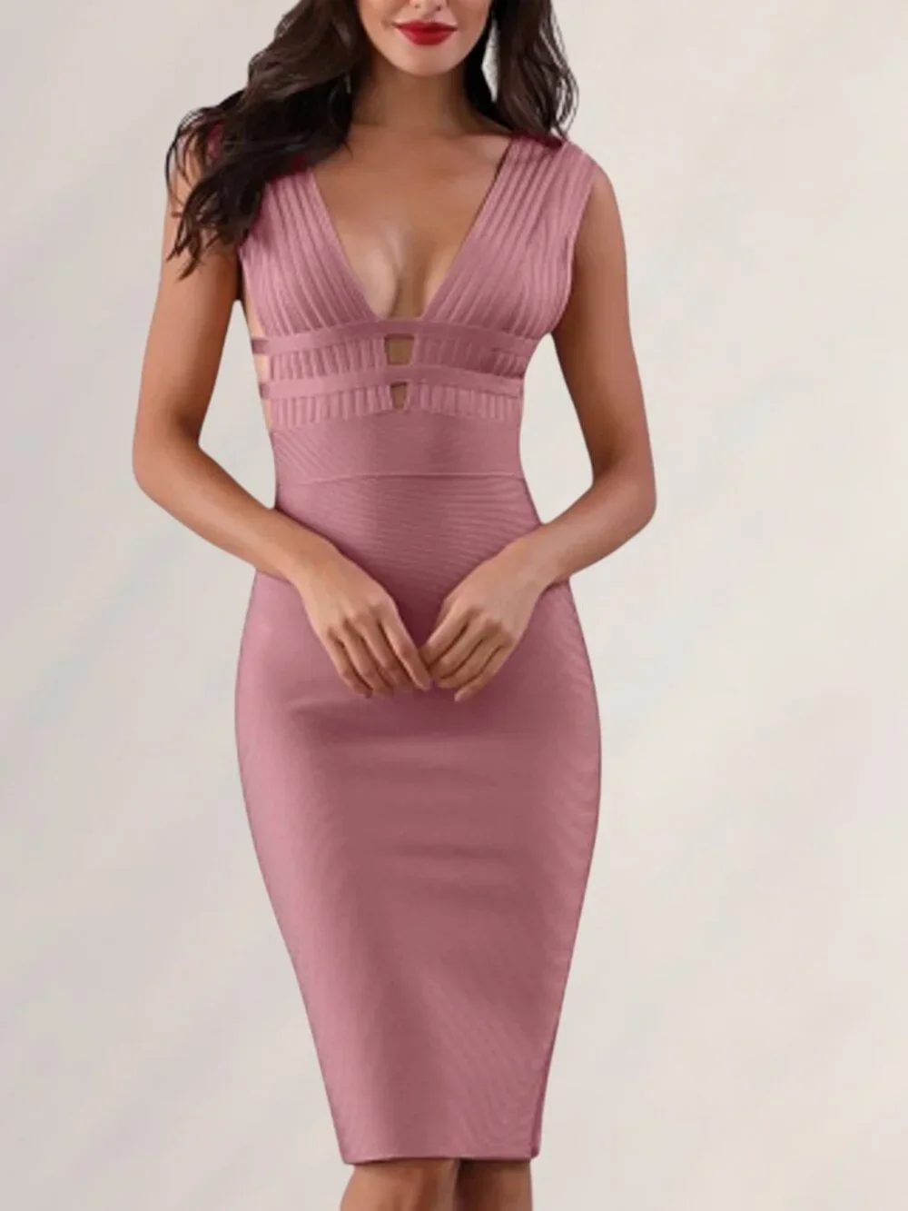 Premium Mauve Pink Cutout Women's Sheath Bandage Midi Bodycon Dress | Size L - Picture 2 of 11